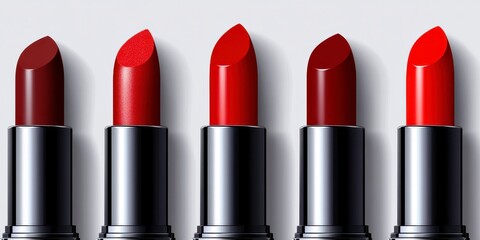 Obraz premium Five lipstick tubes in varying shades of red are arranged in a row against a white background. The tubes are sleek, metallic black, and the lipsticks