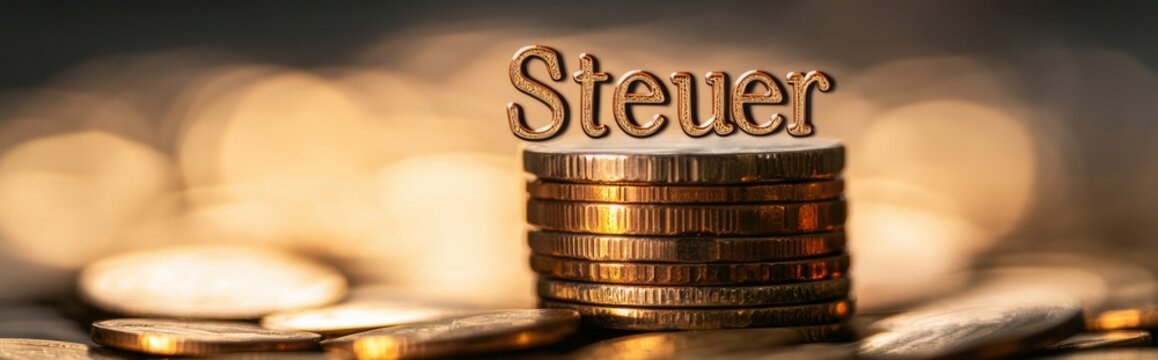 An artistic arrangement of stacked golden coins with the word 'Steuer', symbolizing the financial theme of taxes, savings, and economic stability.