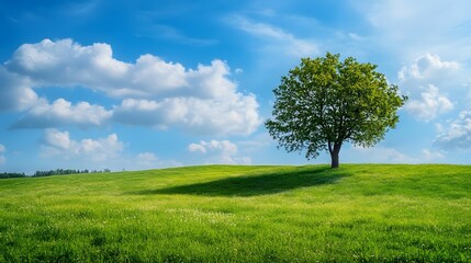 Beautiful green meadow with a tree and blue sky background. Beautiful summer landscape with clouds