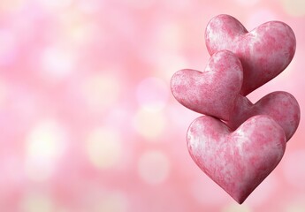 Obraz premium Two sparkling pink hearts float against a soft pink bokeh background. Romantic, Valentine's Day themed image with a soft focus effect. Ideal for