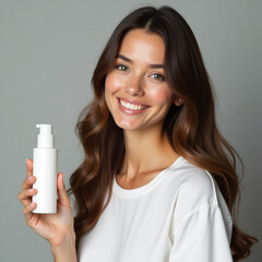Pretty young woman with a bottle of shampoo in hands