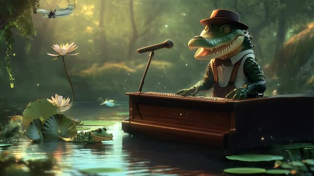 A stylish alligator wearing a hat plays the piano and sings on a floating stage in a magical swamp. A whimsical, lively, and musical scene perfect for fantasy, storytelling, and entertainment themes
