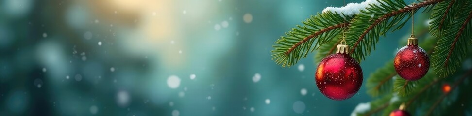 Green pine branches with red ornaments hanging from them, winter, pinecones, branch