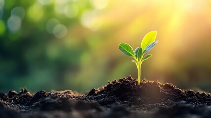 Spring plant growing in soil with sunlight background