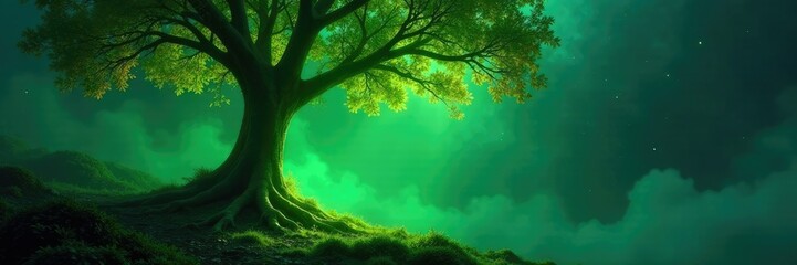 Fototapeta premium Green glow emanating from a tree's roots with colorful leaves above, branches, glowing, forest