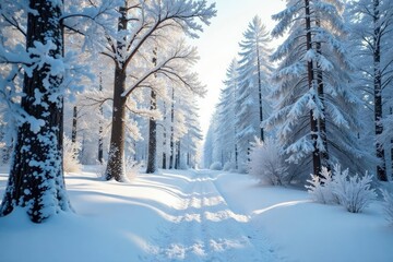 Fototapeta premium Snow covered tree branches stretching upwards, white, frosty