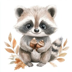 Playful Watercolor Raccoon with Acorns Surrounded by Soft Gray Leaves