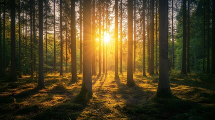 Obraz premium A panoramic view of an autumn forest with tall trees and vibrant leaves, showcasing the beauty of nature in its changing seasons