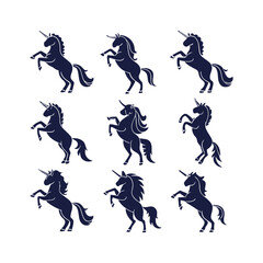 unicorn Silhouettes Set Clip art Isolated Vector Illustration