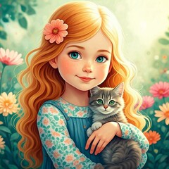 little girl with a cat