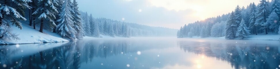 Fototapeta premium Snowflakes gently fall on frozen lake surface, serene winter landscape, frosty forest, frozen water