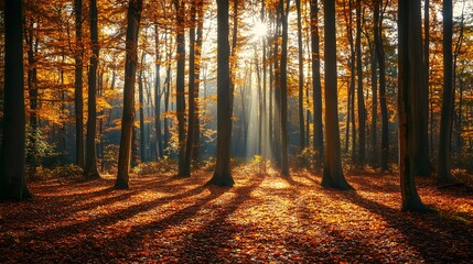 Obraz premium A panoramic view of an autumn forest with tall trees and vibrant leaves, showcasing the beauty of nature in its changing seasons