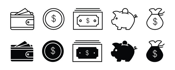 Finance line icon set. Money, Wallet, piggy bank, coin, money bag or box, savings icons symbol on white background. Vector illustration