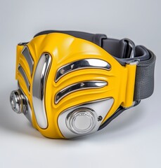 Yellow and gray wrist mounted device with metallic accents, futuristic design, isolated on white background. Product shot showcasing technological