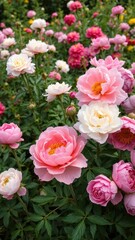 Faded roses and peonies in an overgrown garden, gardens, wildflowers, peonies