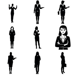 Naklejka premium a set of business woman standing pose vector silhouette, isolated white background
