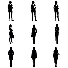 a set of business woman standing pose vector silhouette, isolated white background