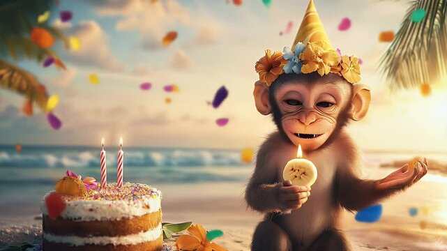 A happy monkey wearing a party hat enjoys a birthday celebration on a tropical beach with cake, bananas, and confetti. A fun, festive, and heartwarming scene perfect for summer and animal lovers.
