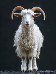 White Angora Goat With Curled Horns Posing Gracefully On A Dark Background Studio Portrait