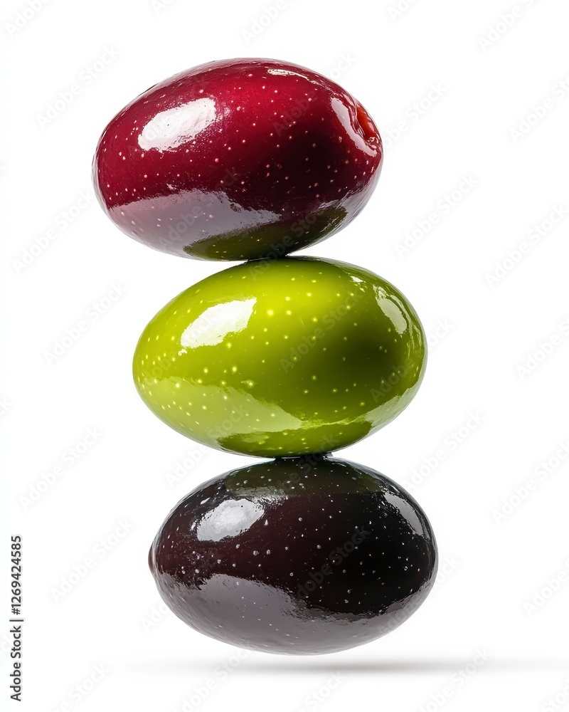 Poster Three olives, one green and two dark purple, are perfectly stacked on top of each other against a plain white background. The olives are glossy and