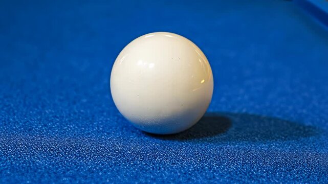 Focus on a white billiard ball placed on a blue felt surface ready for play in a game of pool
