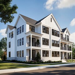 White Modern Townhouse Style Home Design With Balconies and Black Windows in Sunny Setting