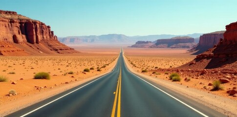 Desert highway unwinding through a seemingly endless expanse of sand and rock, long distance drive, highway