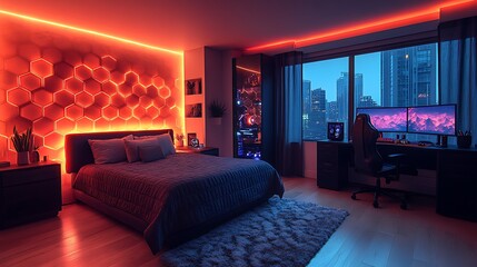 sleek gaming room with LED lights high resolution hd design