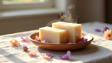 Aromatic Steam Rising from Two Luxurious Handcrafted Soap Bars Nestled on a Wooden Dish Adorned with Delicate Flower Petals