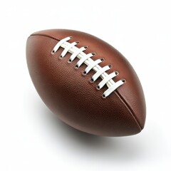 A close-up view of a brown American football with white laces, displayed on a white background, highlighting its textured surface and details.