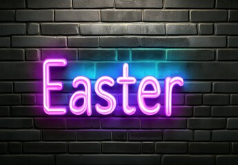 Obraz premium Neon Easter sign on a dark brick wall. Purple and blue glowing letters. Festive holiday decoration. Glowing neon light. Dark background