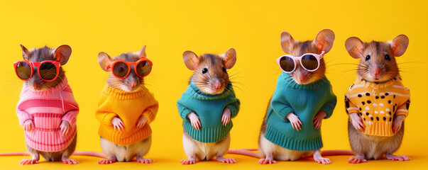 Naklejka premium Fashionable mice lineup against yellow background