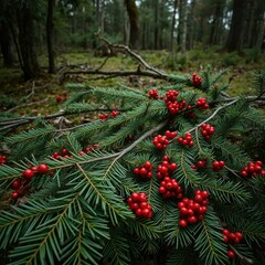 Dark green forest floor with fallen pine branches and red berries, rustic woods, winter woodlands, holly like plants