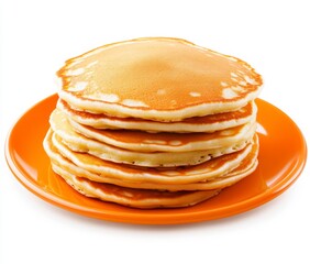 A stack of golden brown pancakes on an orange plate, isolated on a white background. The pancakes are fluffy and appear freshly made.  Perfect for