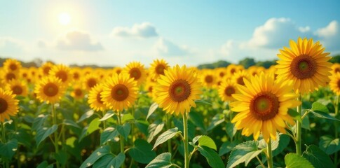 Obraz premium A field of bright orange sunflowers towering above the ground, colorful, green