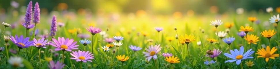 Fototapeta premium A field of colorful flowers including purple lavender yellow and blue daisies, nature, meadow, flowers