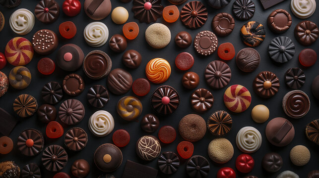 Assorted chocolate confections displayed on a dark surface with various shapes and textures at a dessert shop.