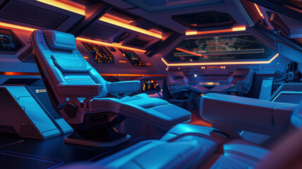 Futuristic spaceship command center with sleek design and advanced technology during high-tech exploration.
