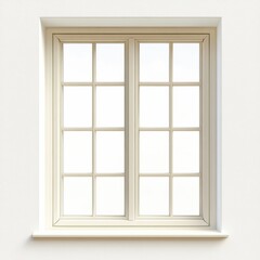Obraz premium A double-pane window with a grid design, set in a light-colored wall, featuring clear glass and a smooth ledge below.