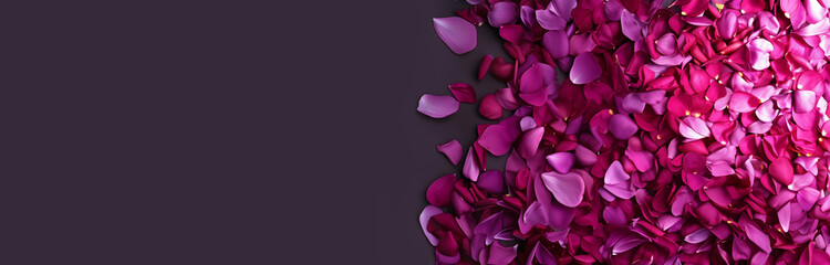 Obraz premium Pink and magenta rose petals on a deep, dark purple background. Banner or header with copy space and room for text.
