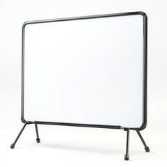 A freestanding whiteboard with a black metal frame and legs, suitable for presentations and meetings. The white background emphasizes its sleek design.