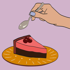 Cake and teaspoon in hand vector illustration. Piece of chocolate cake with cream on a porcelain saucer plate. Hand drawn image for bakery menu. Cake drawing for decorating cafe design. Sweet dessert.