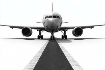 Obraz premium A front view of a commercial airplane on a runway with a stark white background, highlighting its sleek design and features.