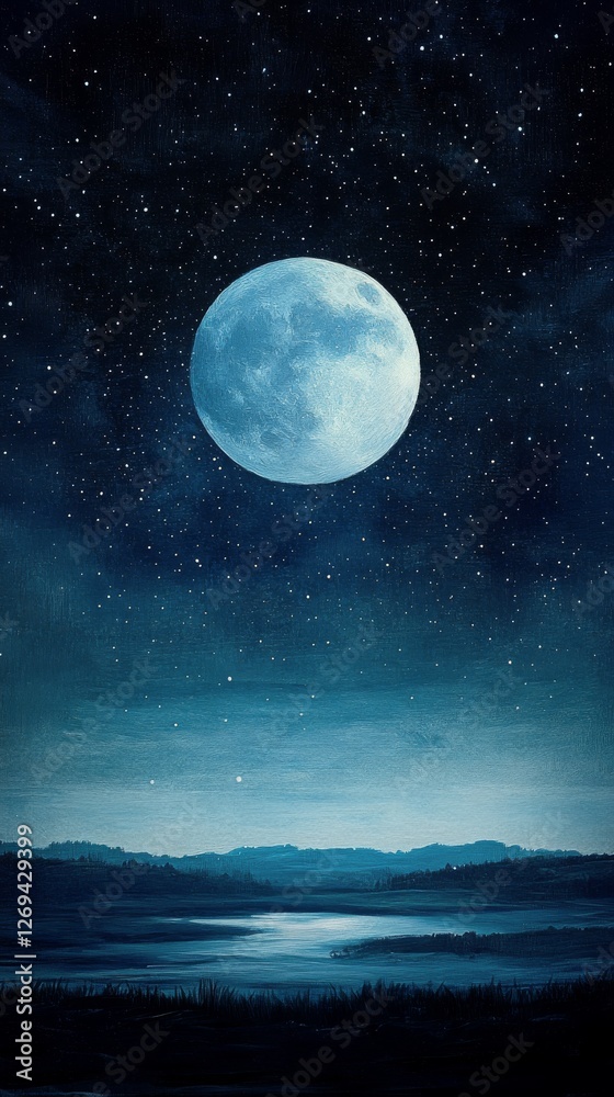 Wall mural Bright full moon illuminating a tranquil landscape with stars in a night sky