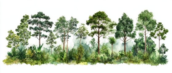 A vibrant illustration of diverse trees and lush greenery in a serene forest setting.