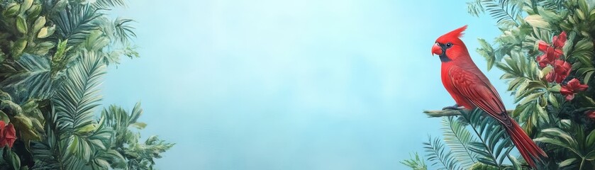 Fototapeta premium A vibrant red cardinal perched among lush green foliage and colorful flowers.