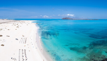 Beautiful high aspect aerial panoramic view of Flag Beach and Grandes Playa near Corralejo in Fuerteventura Spain
