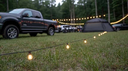 Night camping, string lights, forest, trucks