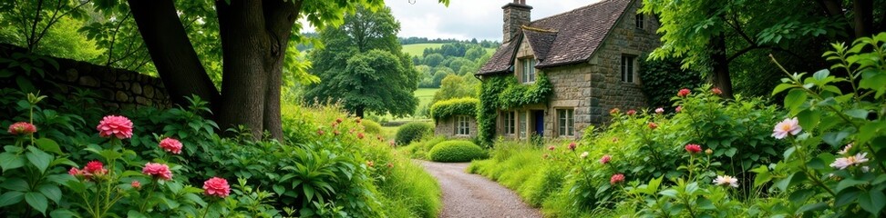 Overgrown garden path leads to stone cottage amidst Culloden Battlefield landscape, stone, overgrown