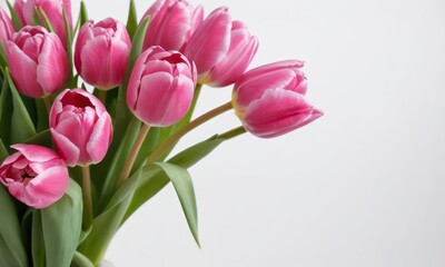 Fototapeta premium A vibrant bouquet of pink tulips elegantly arranged against a simple white background, showcasing their beauty and freshness.